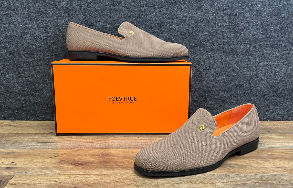 Foevtrue Taupe Woven Textile Slip-On Loafers Gold Jaguar Head Size 48