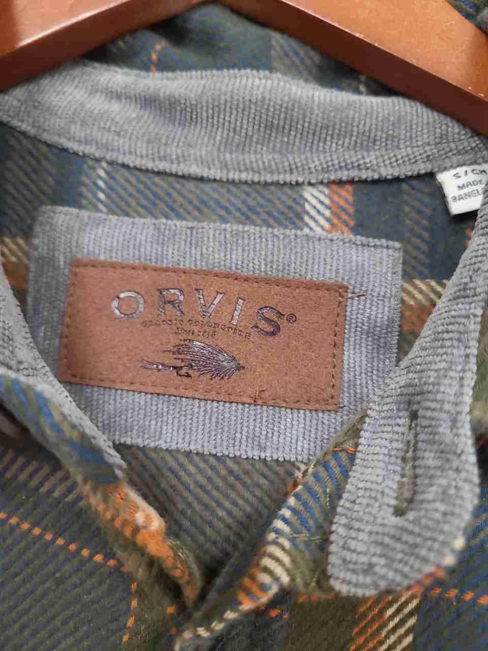 Orvis Men's Flannel Shirt Green Gray Orange Plaid Long Sleeve Heavy Cotton Sz S