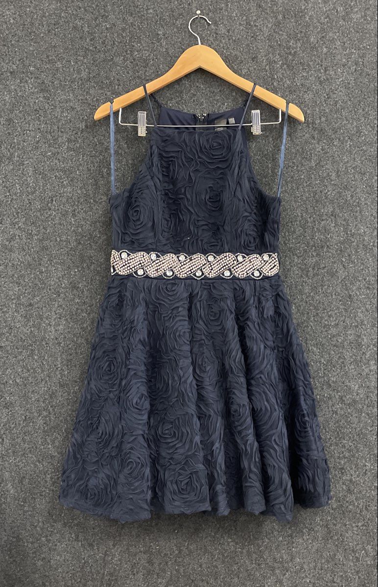 Trixxi Women's Navy Rosette Halter Cocktail Dress Rhinestone Waist Sz 11