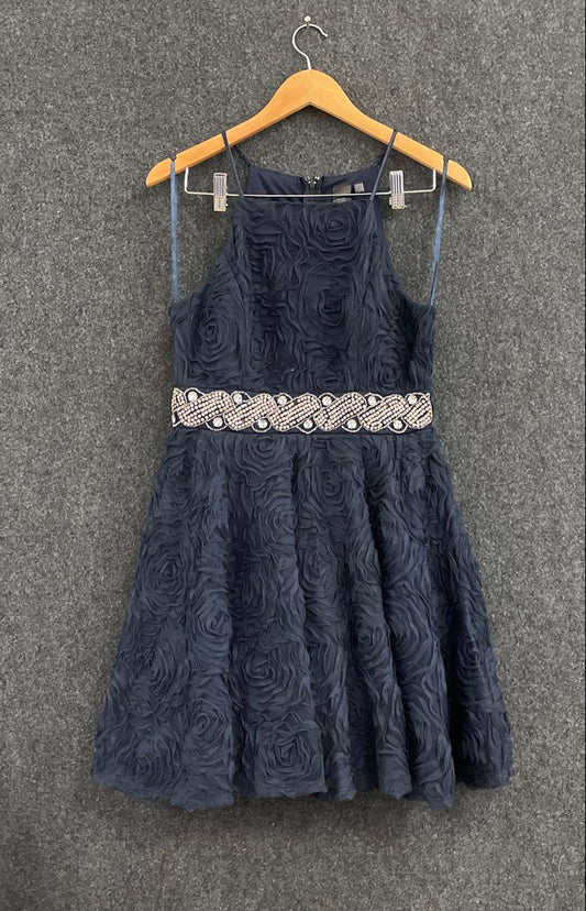 Trixxi Women's Navy Rosette Halter Cocktail Dress Rhinestone Waist Sz 11