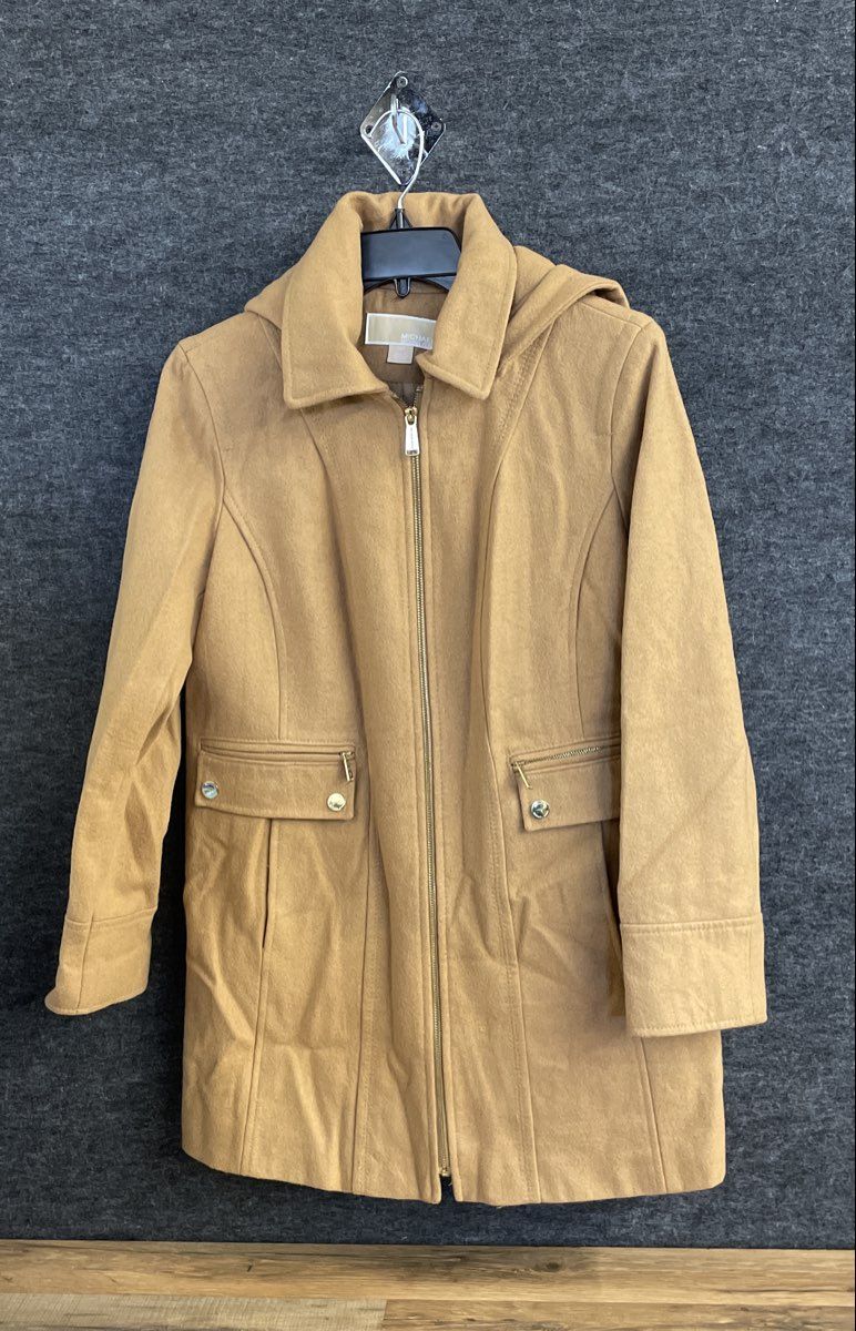 Michael Kors Women's Hooded Wool Blend Jacket Camel Zip Up Sz 14P