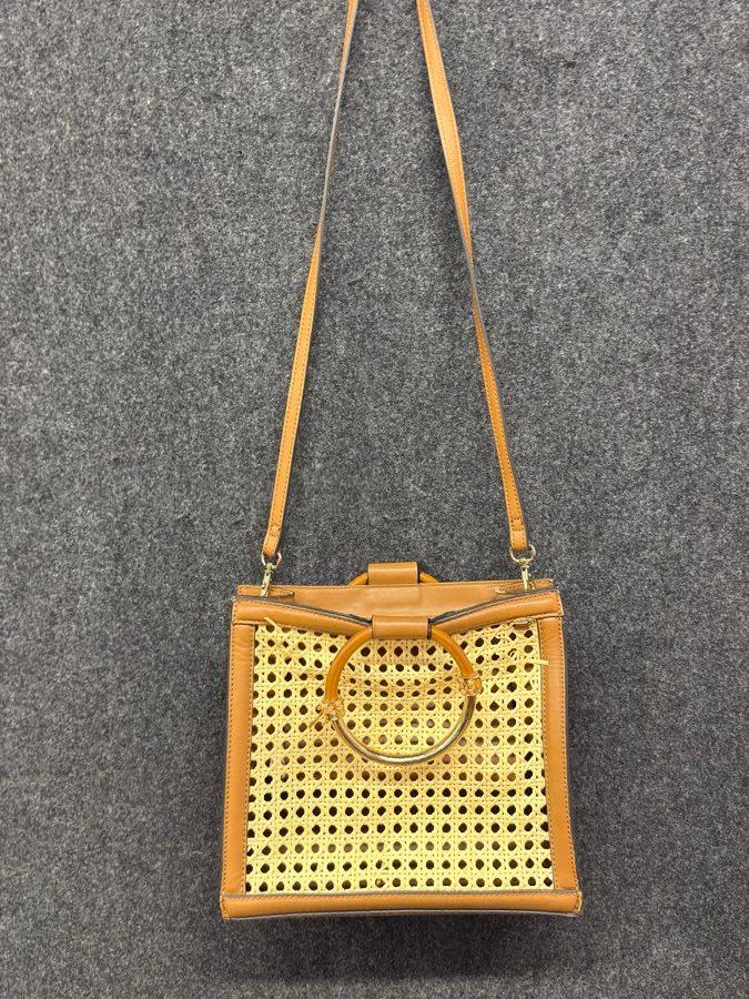 Aldo Tan Cane Wicker Woven Crossbody Bag Gold Tone Ring Handle