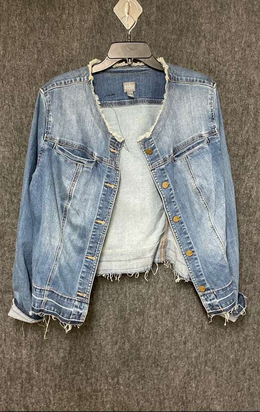 SOHO New York & Company Women's Blue Sequin Bird Jean Jacket Frayed Hem Sz XL