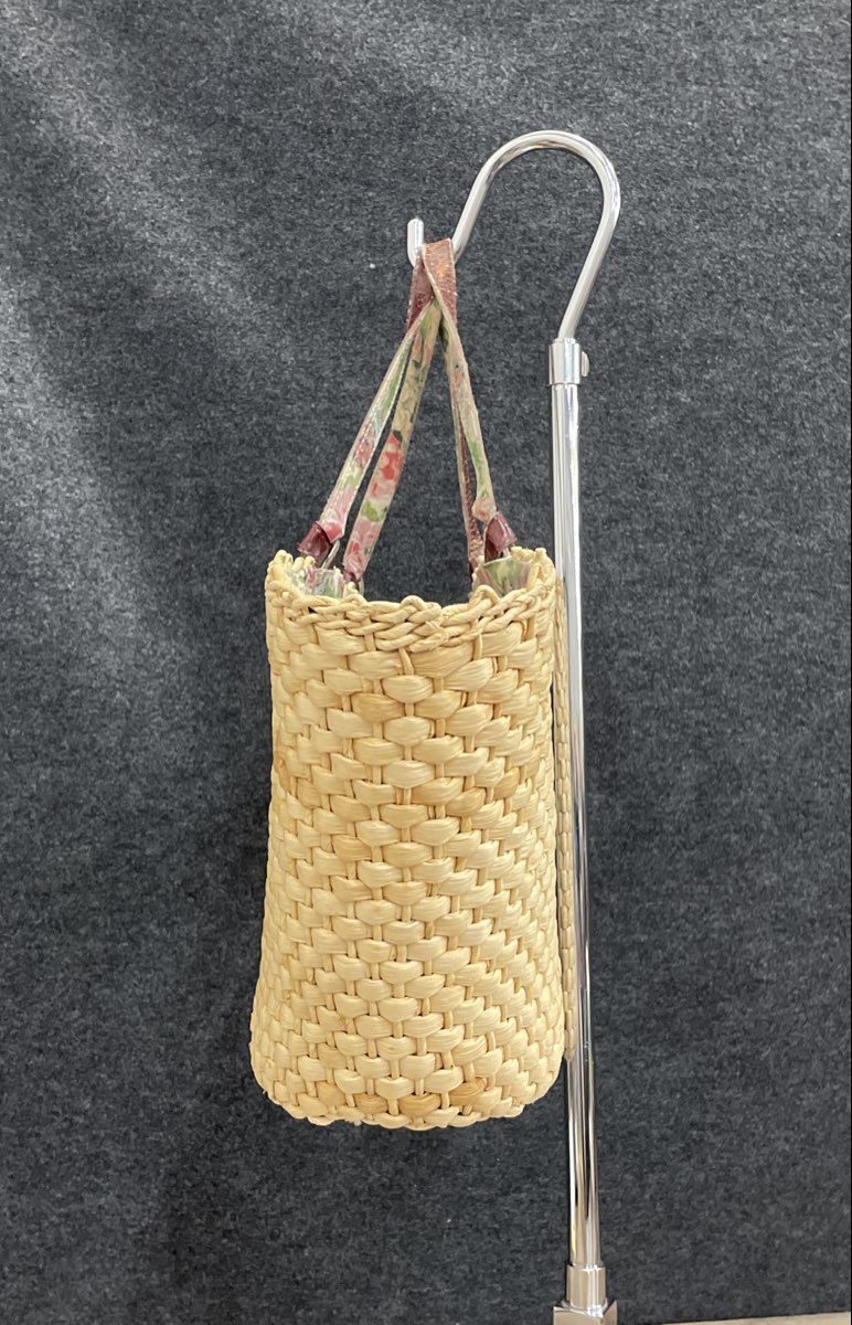 Cappelli Vintage Woven Straw Wood Look Tote Bag Floral Lining Handbag