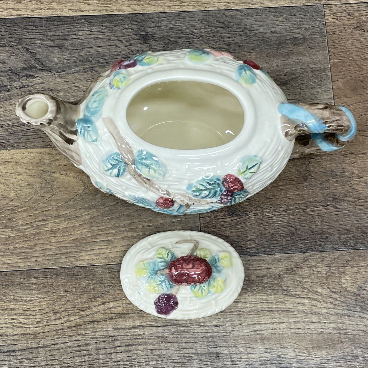 Vintage Majolica Style Blackberry Teapot Ceramic Basketweave Hand Painted