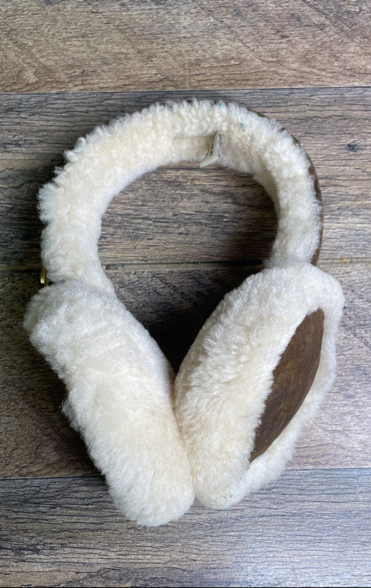 UGG Women's Brown Sheepskin Shearling Earmuffs Cream Fleece Gold Tone Logo