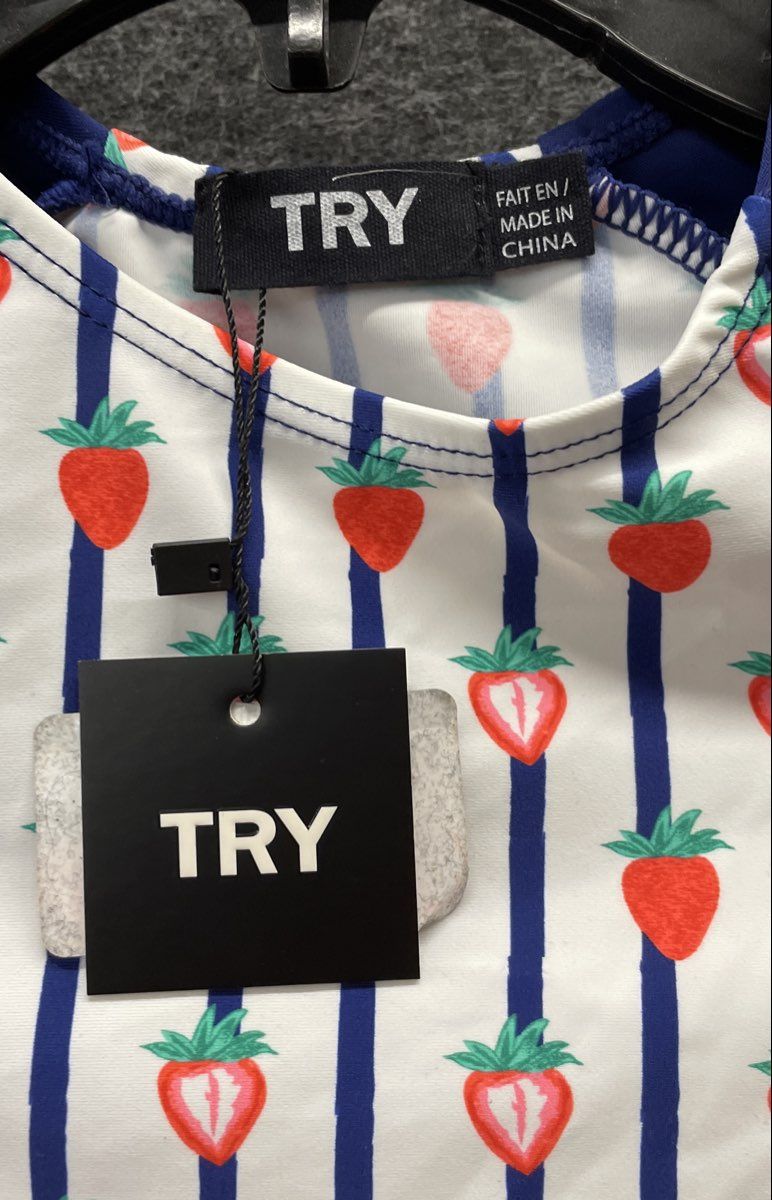 TRY Girls Strawberry Print Swim Cover Up Ruffled Tier Navy Blue Red NWT Sz 8