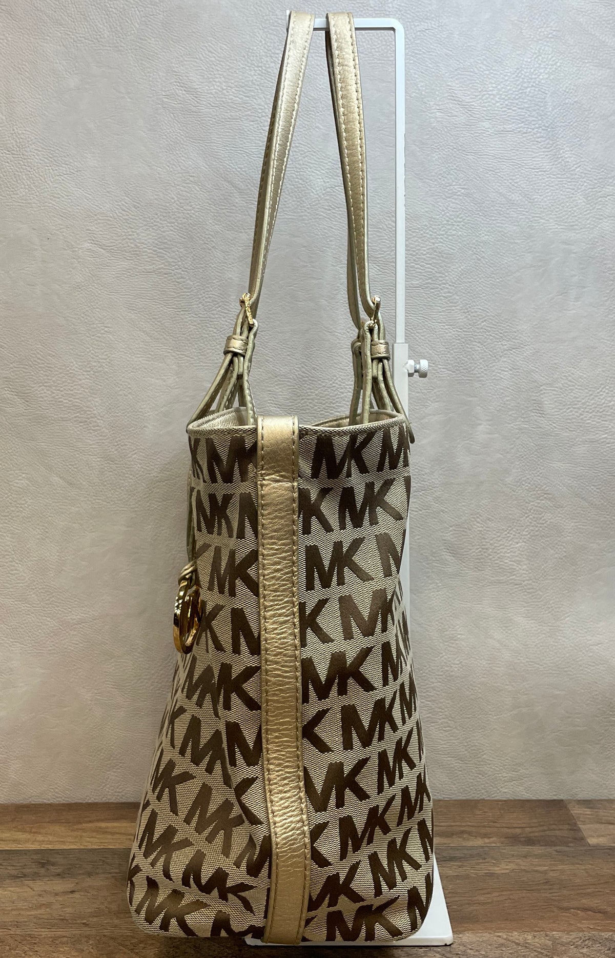 Michael Kors Gold Beige Signature Monogram Tote Bag Metallic Trim Gold Hardware