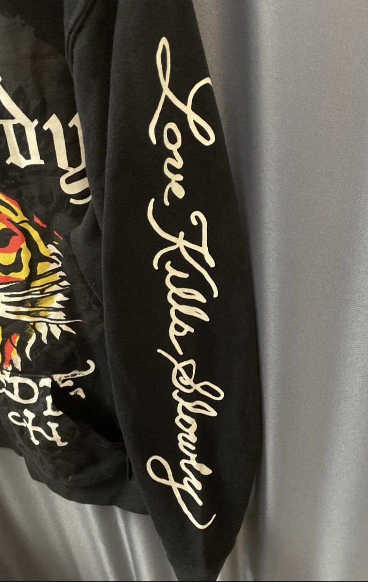 Vintage Ed Hardy Men's Black Tiger Graphic Hoodie Love Kills Slowly Y2K Sz S