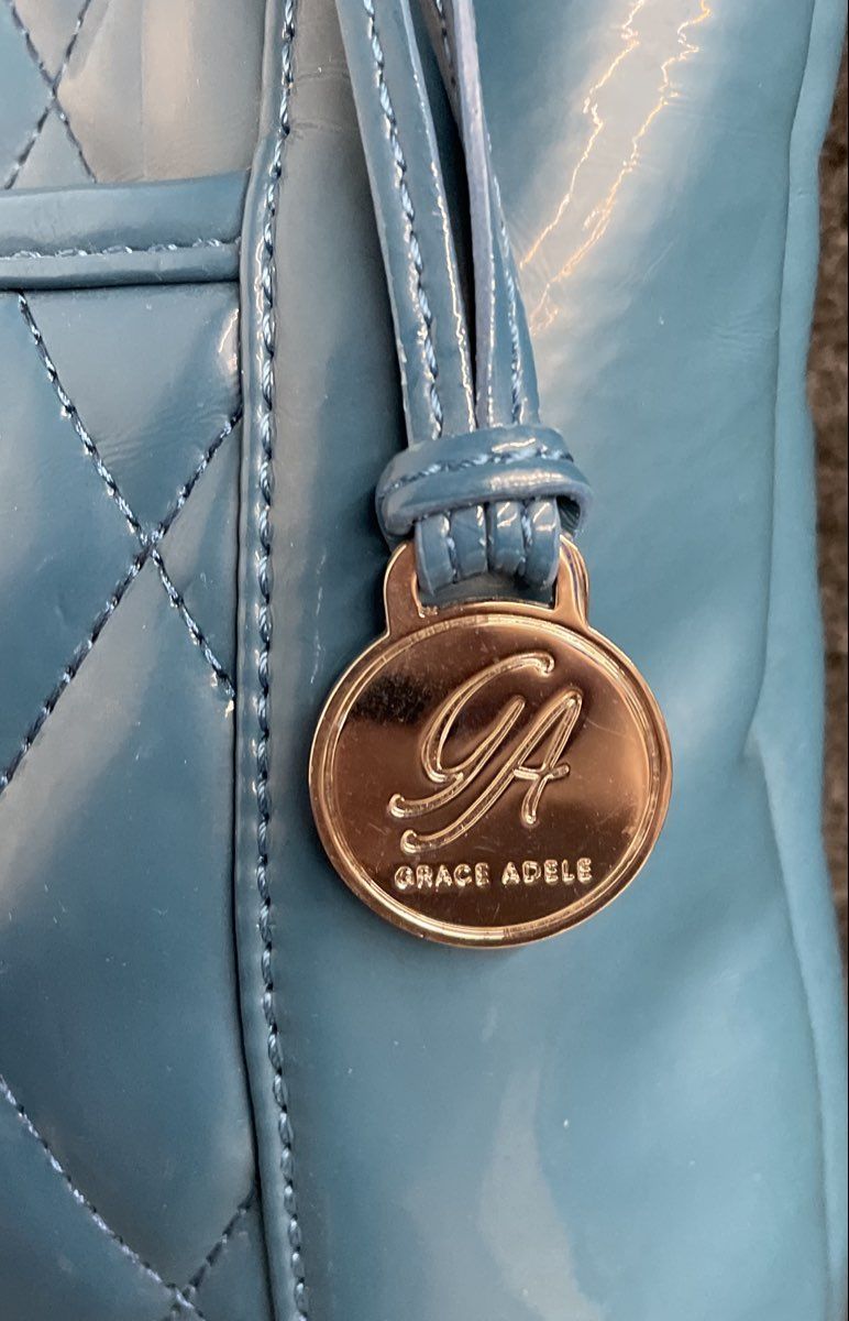Grace Adele Blue 2010s Quilted Patent Shoulder Bag Tote NWT with Pouch Set