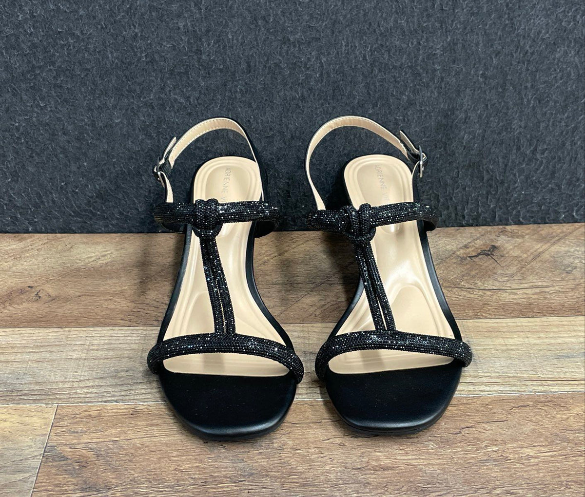Adrienne Vittadini Adonnis Black Rhinestone T-Strap Wedge Sandals Size 9.5W