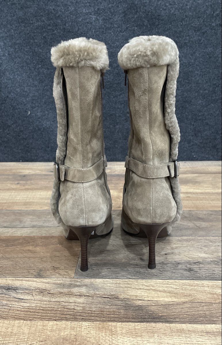 Anne Klein Grey Suede Faux Fur Trim Mid-Calf Heeled Boots Size 7.5 M