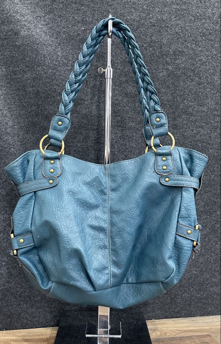 Teal Blue Leather Hobo Shoulder Bag Braided Handles Brass Hardware