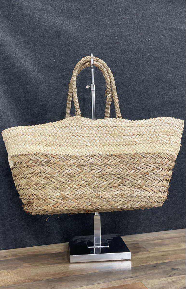 Unbranded Cream Brown Two-Tone Woven Wooden Design Straw Basket Tote Bag