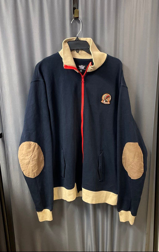 Hustle Gang Men's Full Zip Track Jacket Navy Blue Tan Elbow Patches Sz 2XL