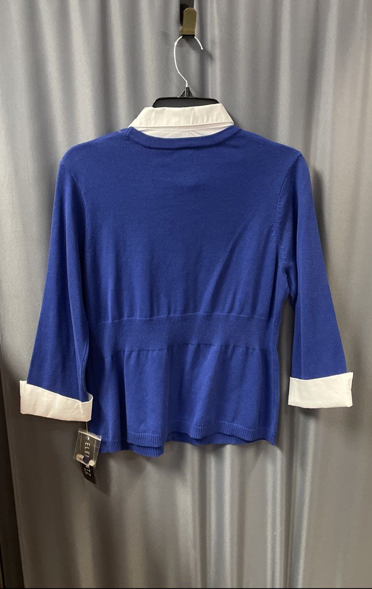 Elementz Women's Blue Argyle Mock Layer Cardigan Shirt NWT Petite Large
