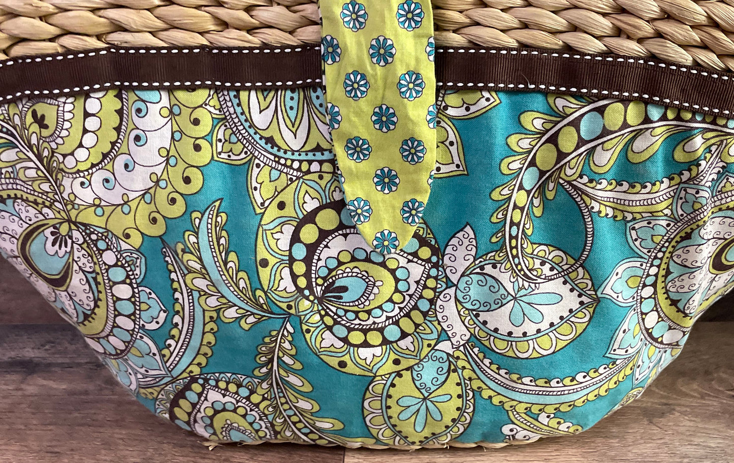 Vera Bradley Woven Straw Paisley Fabric Tote Bag Teal Green Large Shoulder Bag