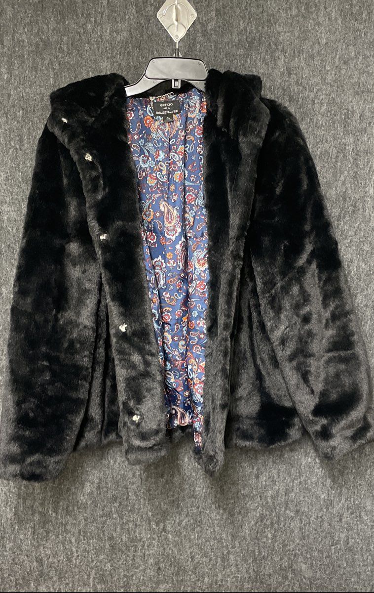 Esmara Women's Black Faux Fur Hooded Jacket Paisley Lining Snap Front Sz XL