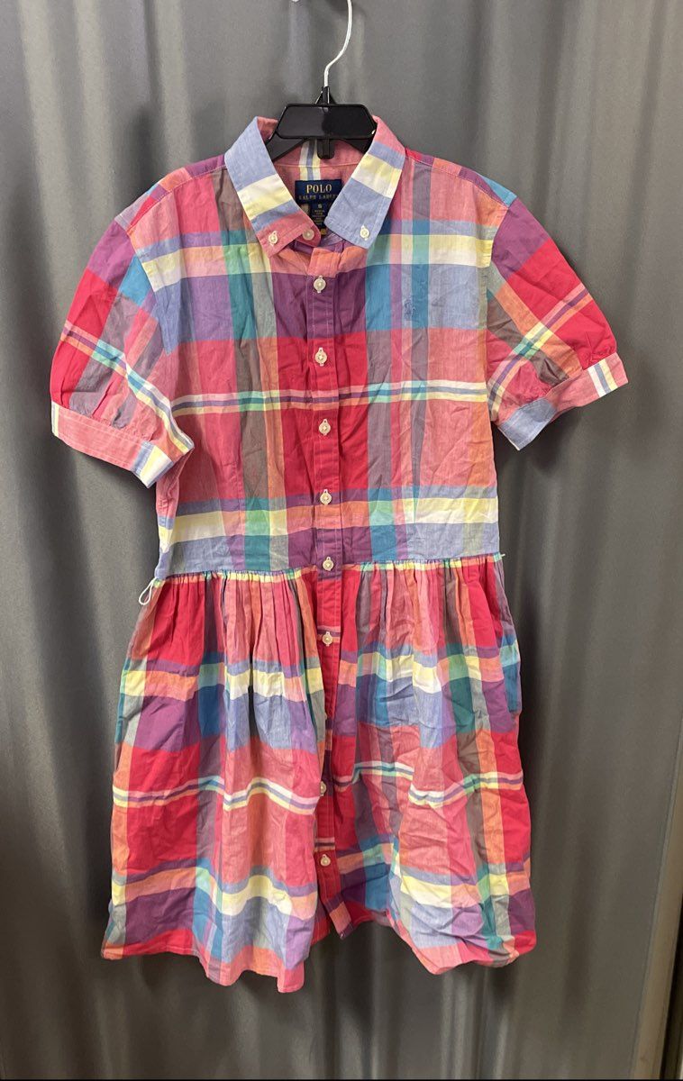 Polo Ralph Lauren Girls Plaid Dress Multicolor Short Sleeve Button Up Sz 16