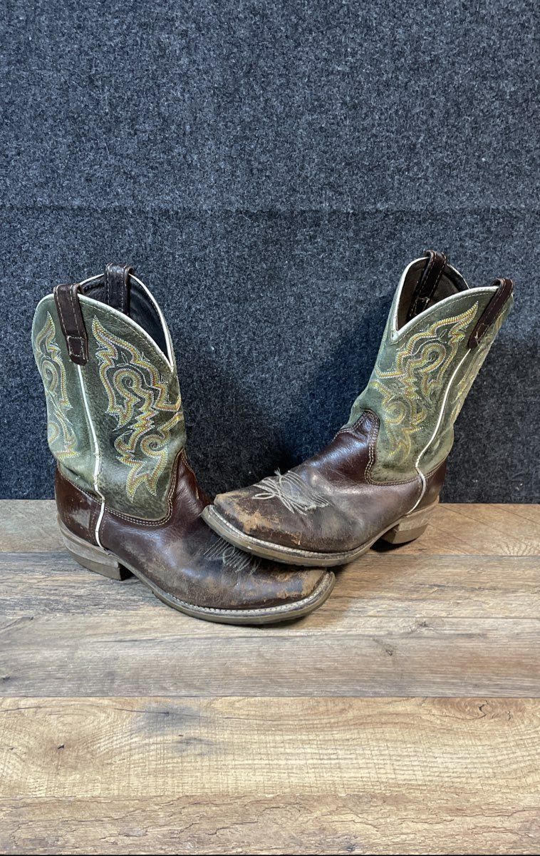 Double H DH4630 Brown Green Leather Square Toe Western Cowboy Boots Size 9.5 D