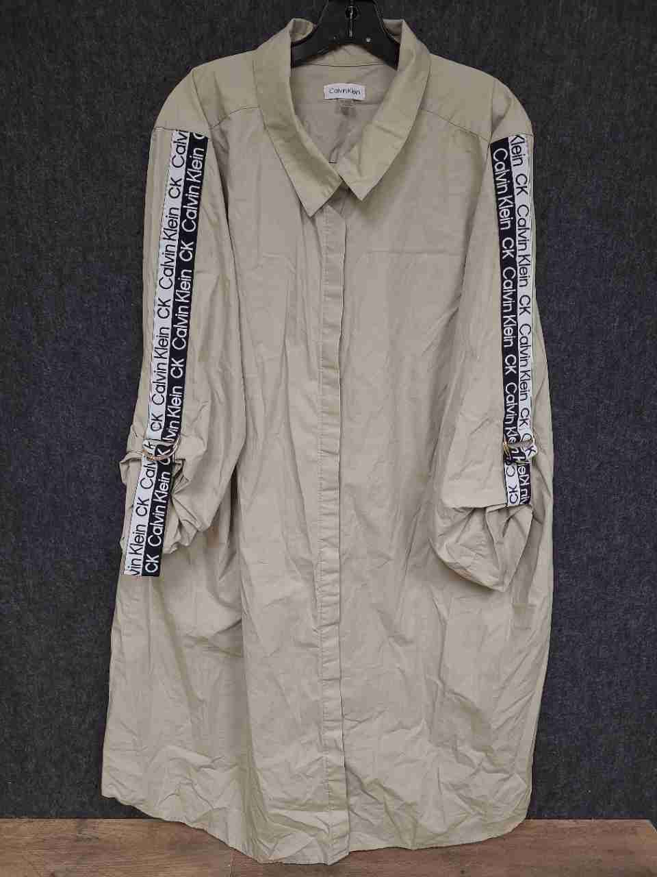 Calvin Klein Women's Beige Logo Tape Sleeve Button Down Shirt Tunic Sz 2X
