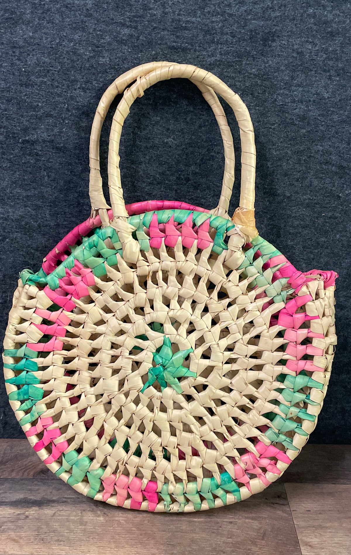 Vintage Woven Reed Round Tote Bag Pink Green Circle Straw Market Basket Purse