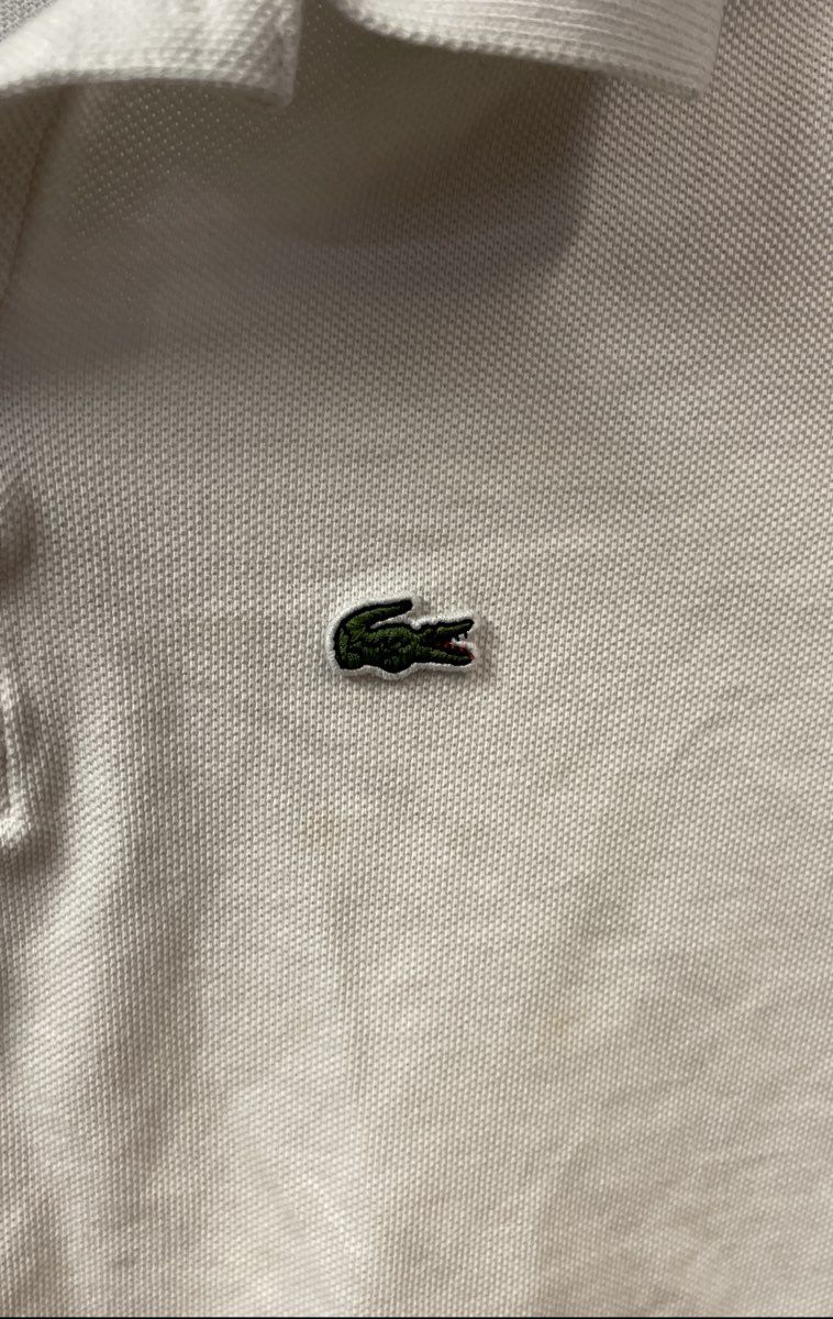 Lacoste Boys White Cotton Pique Polo Shirt Navy Blue Shoulder Stripe Logo Sz 14