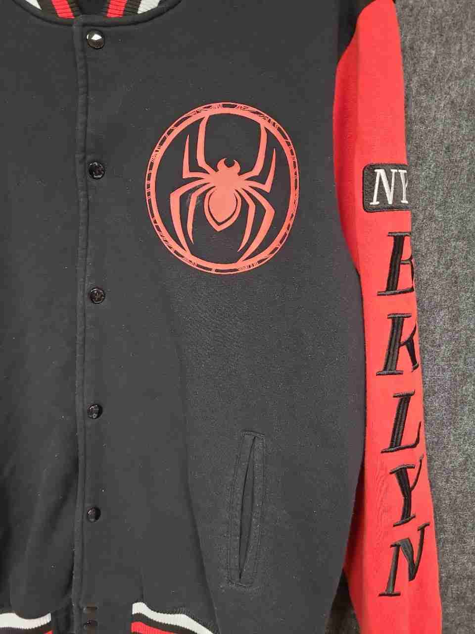Marvel Men's Miles Morales Spider-Man Brooklyn Varsity Jacket Black Red Sz M