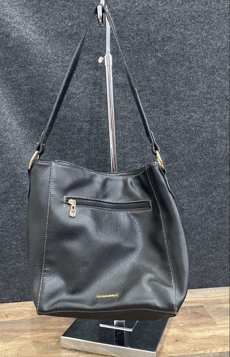 Montana West Black Leather Shoulder Bag Handbag Gold Hardware Contrast Stitch