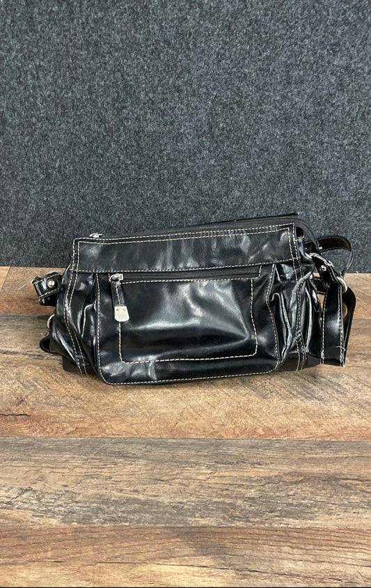 Giani Bernini Black Leather Multi-Pocket Shoulder Bag Silver Hardware