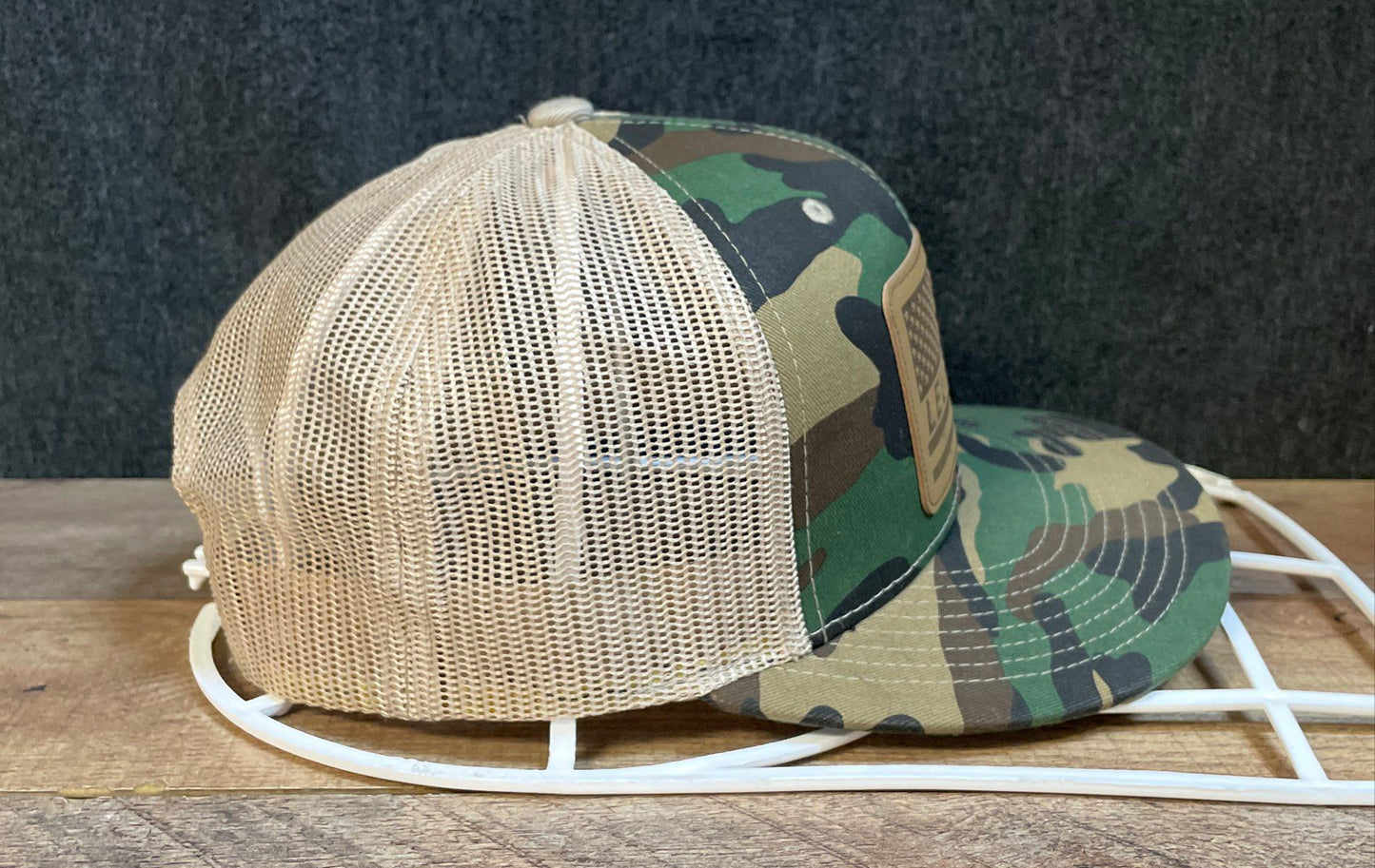 Leupold Men's Camouflage Trucker Hat Tan Mesh Snapback Leather Patch Flat Brim