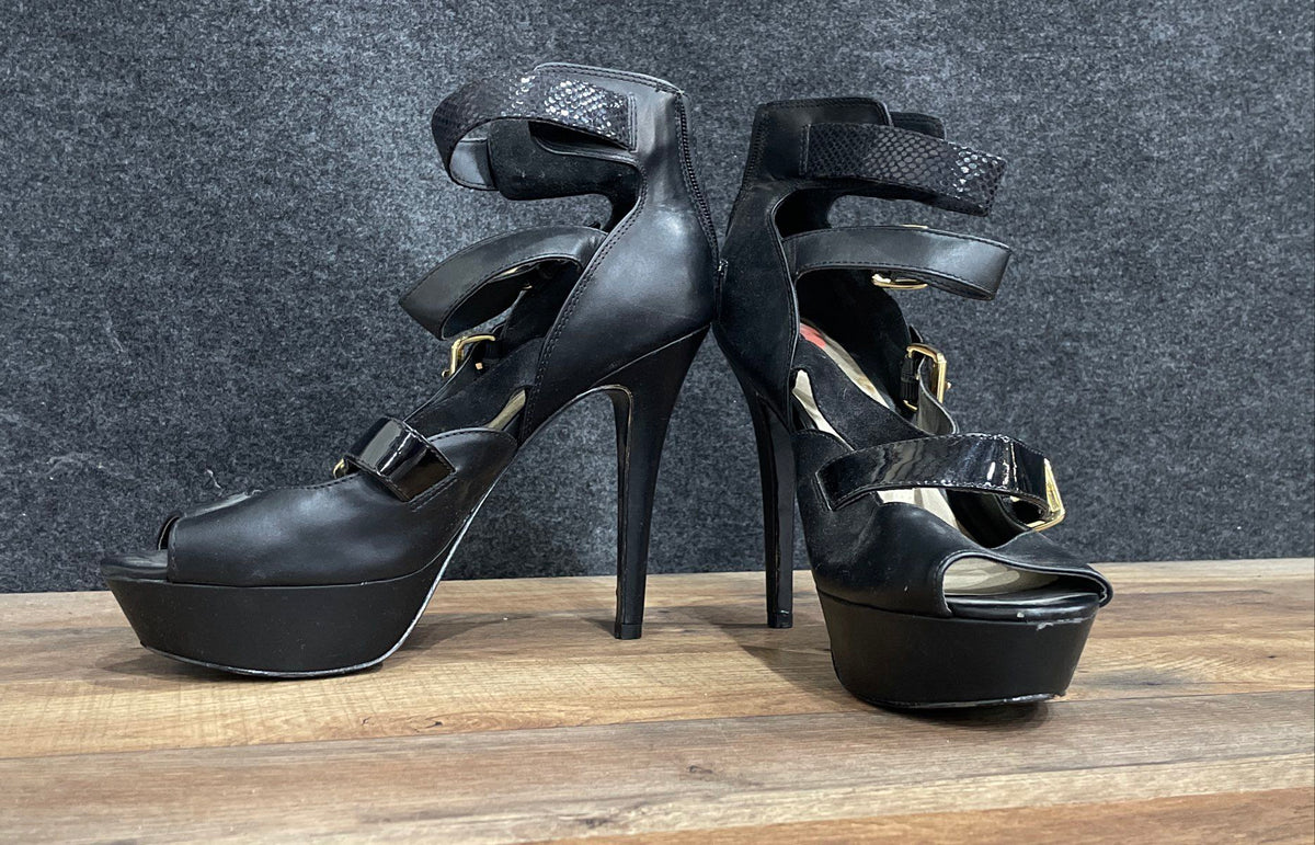 Guess Black Multi Strap Buckle Platform Peep Toe Stiletto Heels Size 10