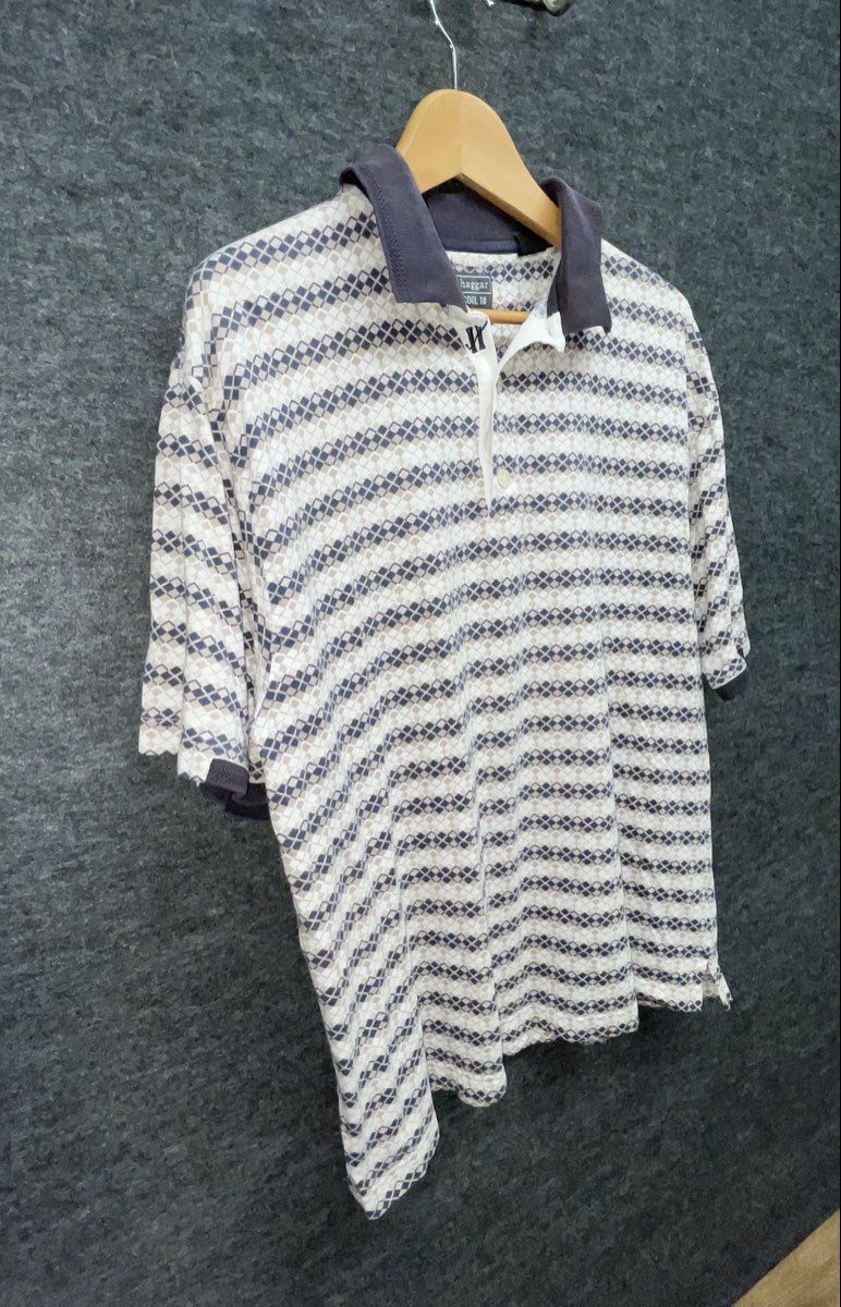 Haggar Men's Cool 18 Polo Shirt Blue Gray Diamond Stripe 100% Cotton Size L