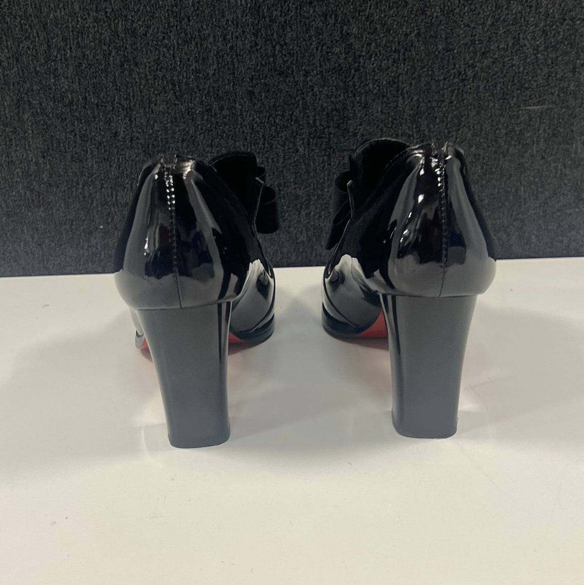 Women's Black Patent Suede Bow Block Heel Loafer Pumps Red Sole Size 8