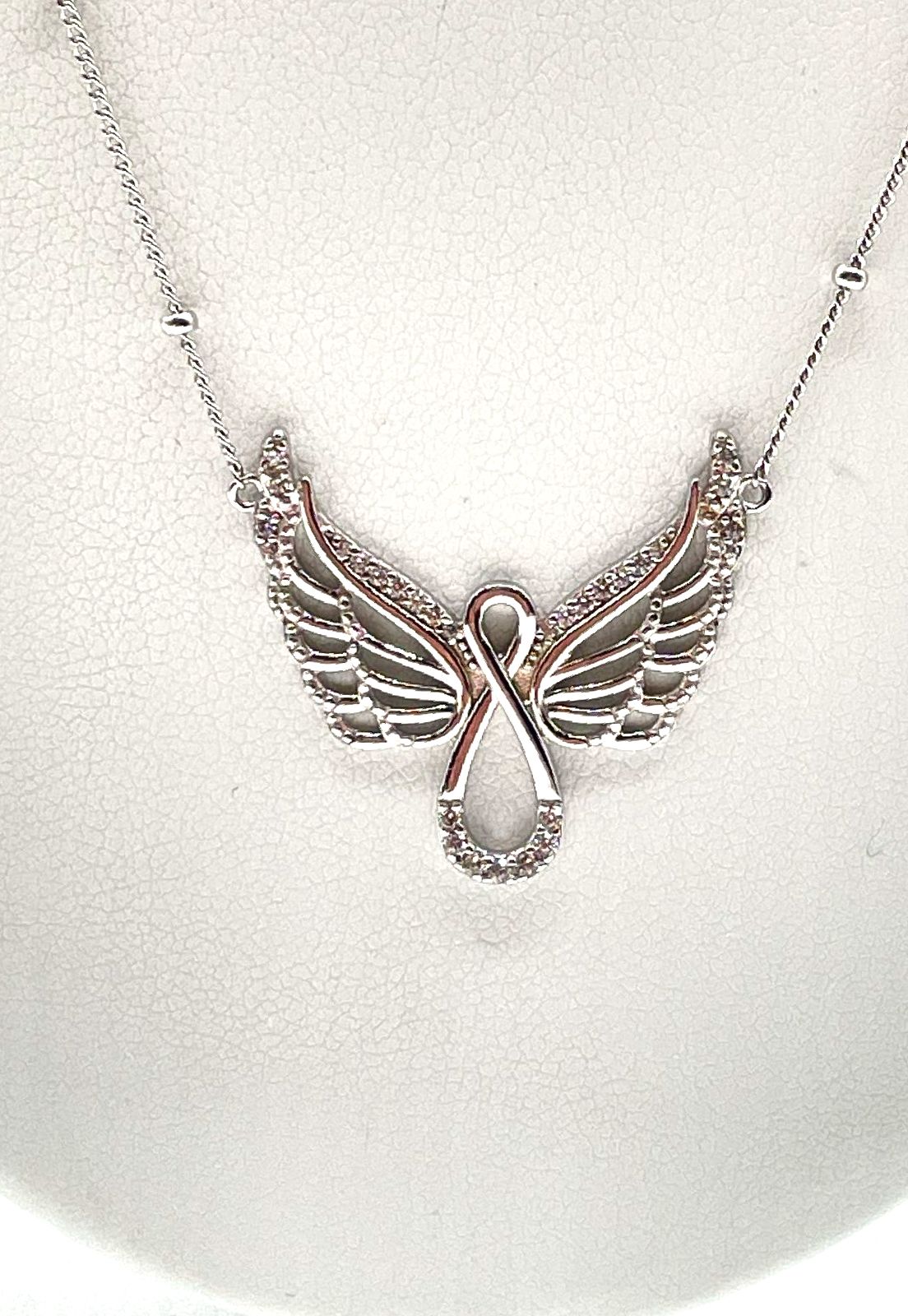 925 Sterling Silver Moissanite Angel Wings Infinity Necklace 4.6g