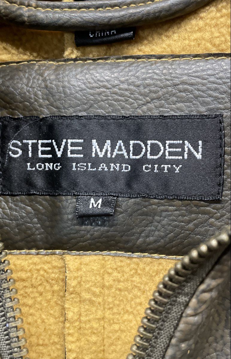 Steve Madden Men's Brown Hooded Bomber Leather Jacket Contrast Piping Sz M
