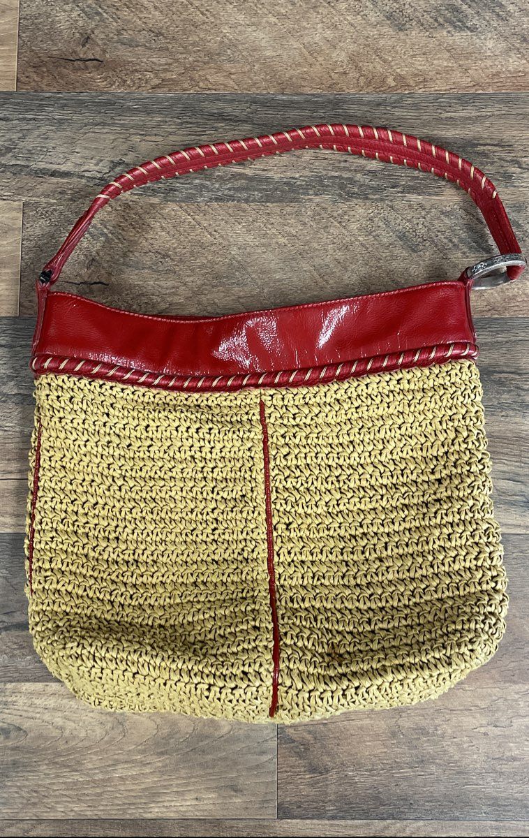 Brighton Red Leather Trim Woven Straw Hobo Shoulder Bag Medium