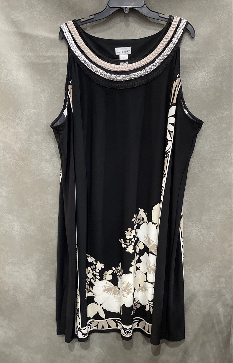 Catherines Women's Black Floral Dress Embellished Neckline Sleeveless NWT Sz 3X