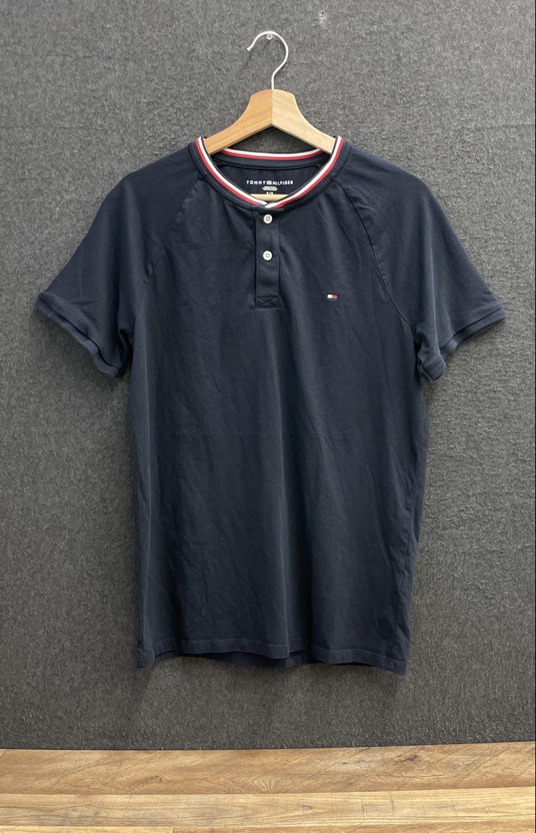 Tommy Hilfiger Men's Navy Blue Raglan Short Sleeve Henley Shirt Cotton Sz S