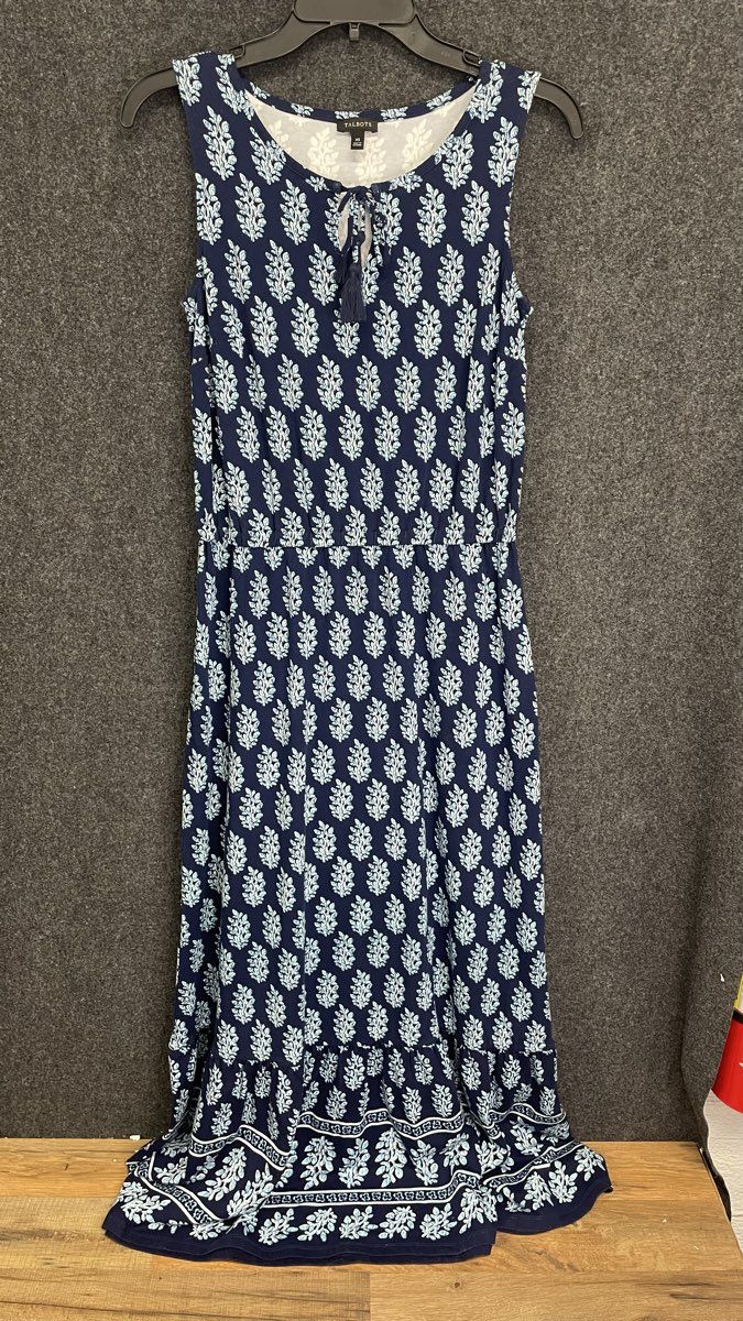 Talbots Women's Navy Blue White Block Print Tie Neck Tiered Dress Sz XS