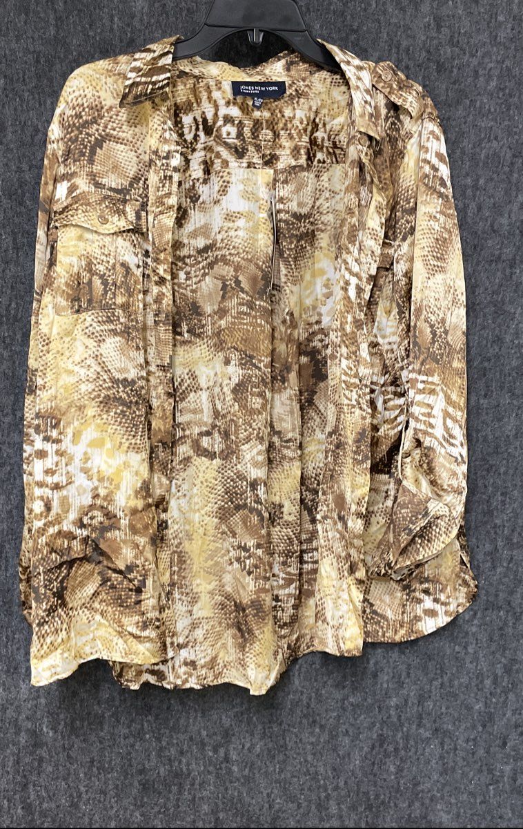 Jones New York Signature Women's Brown Snakeskin Roll Tab Pocket Blouse Size XL