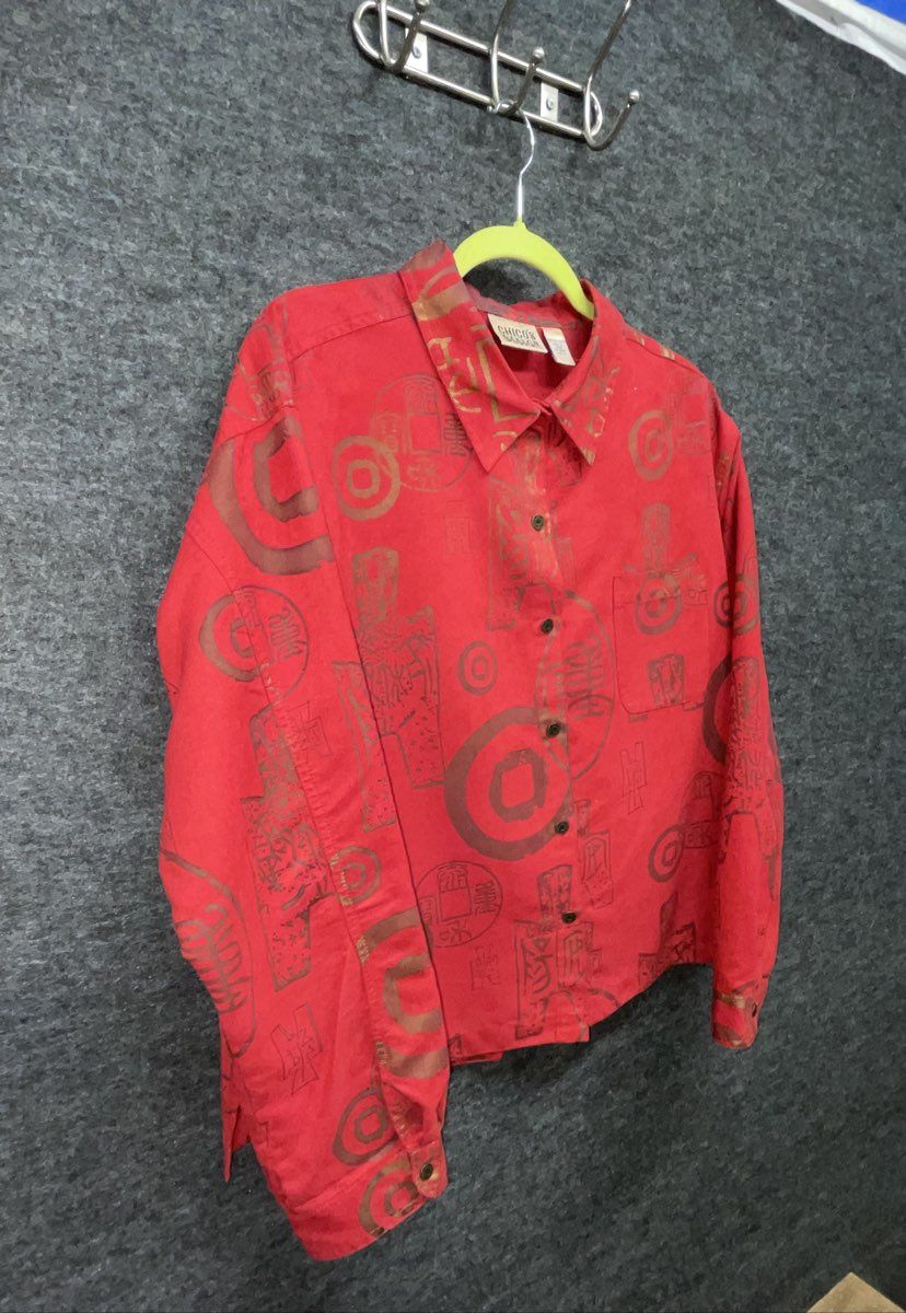 Vintage 90s Chico's Design Women's Red Coin Faux Suede Shirt Jacket Sz 3