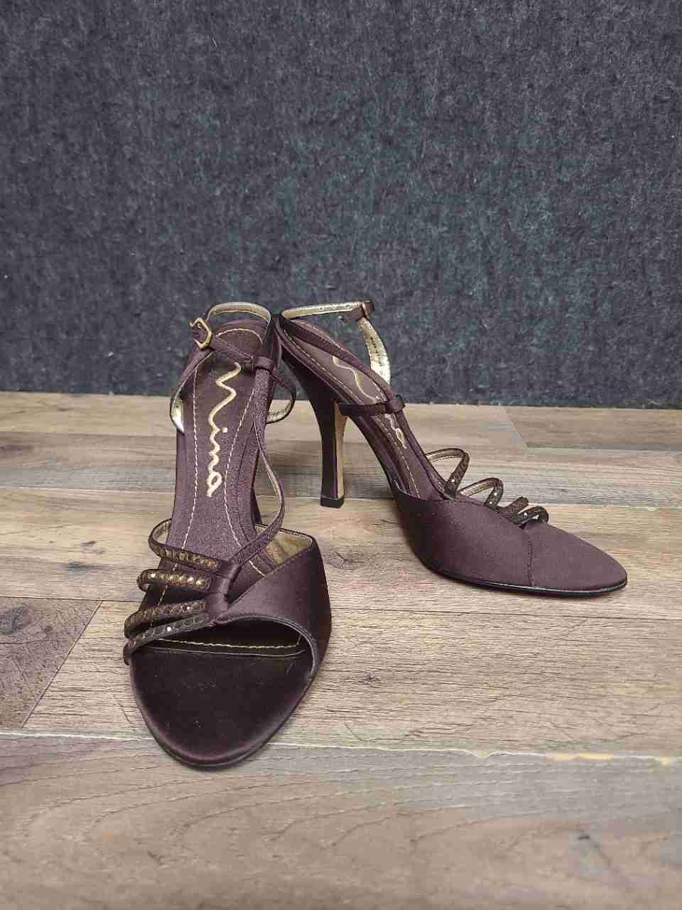Nina Brown Satin Rhinestone Embellished Strappy Slingback Heels Size 7.5