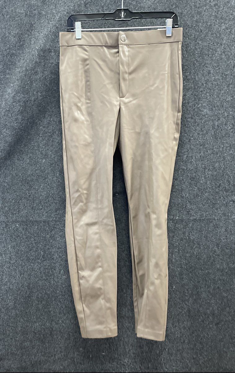 Zara Women's Brown Faux Leather Leggings Ankle Zip Front Seam NWT Sz L