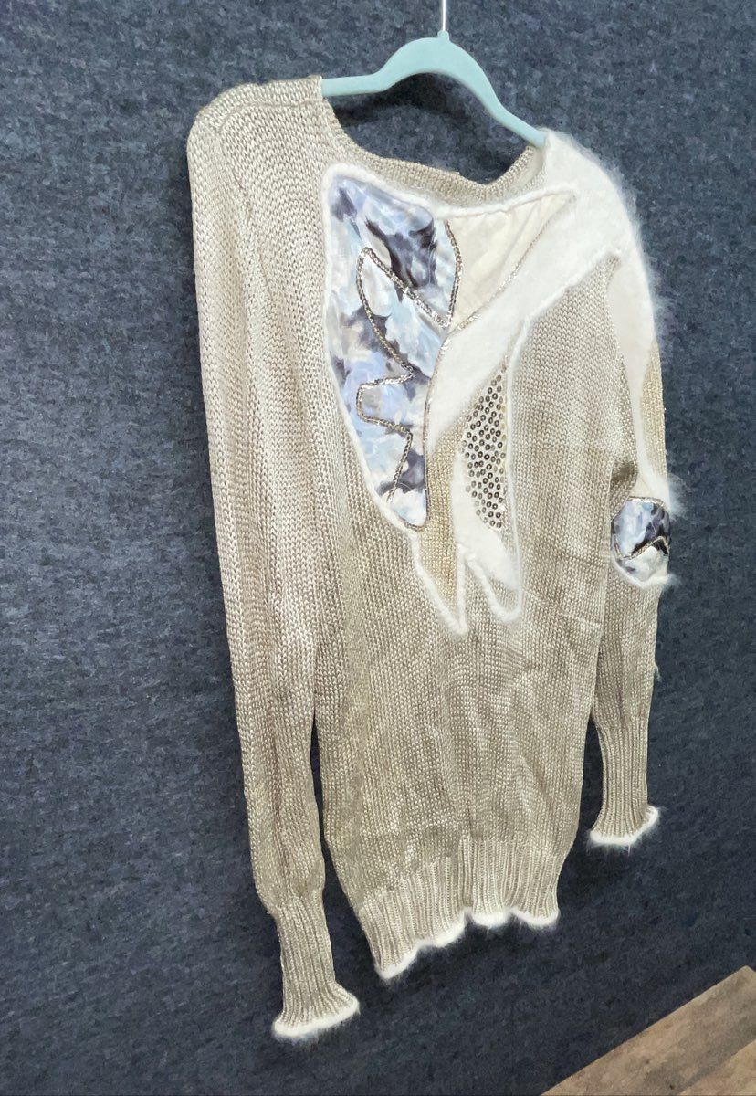 Vintage 80s Angora Blend Sequin Applique Metallic Gold Knit Sweater Sz L/XL