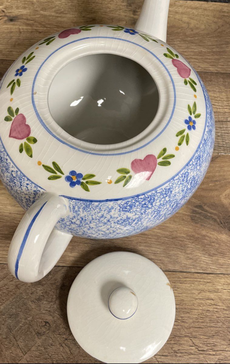 R.B. Bernarda Blue Spongeware Heart Floral Teapot Portugal Vintage Earthenware