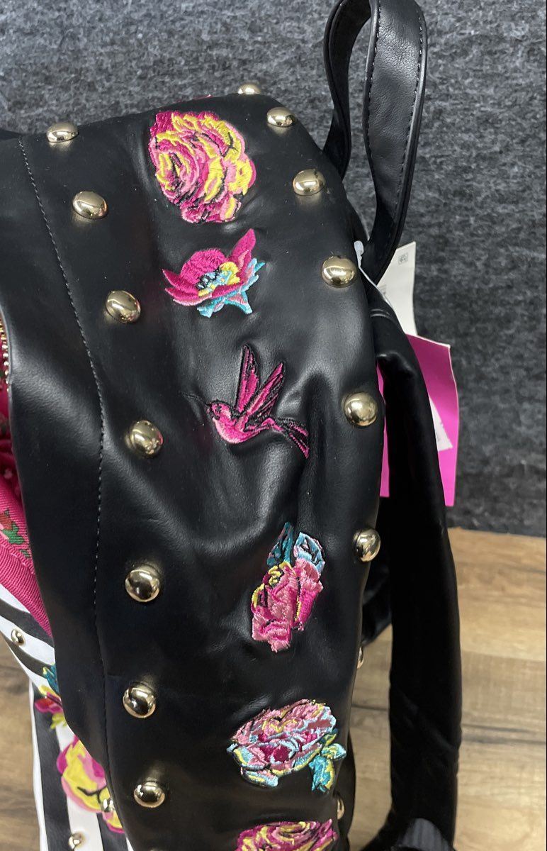 Betsey Johnson Black White Striped Floral Embroidered Studded Backpack NWT