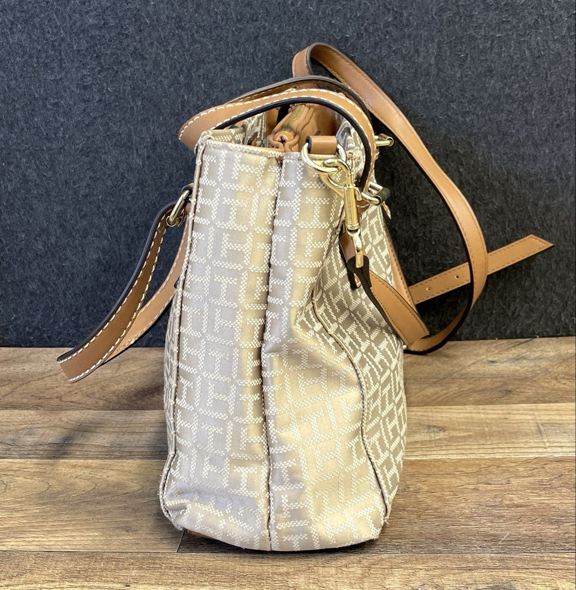 Tommy Hilfiger Tan Monogram Jacquard Crossbody Tote Bag Gold Tone Hardware