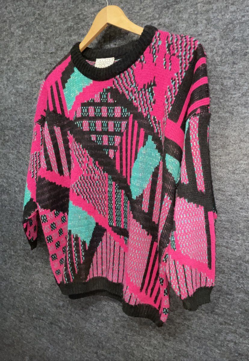 Vintage 80s Studio Graphics Women's Abstract Geometric Neon Knit Sweater Sz L