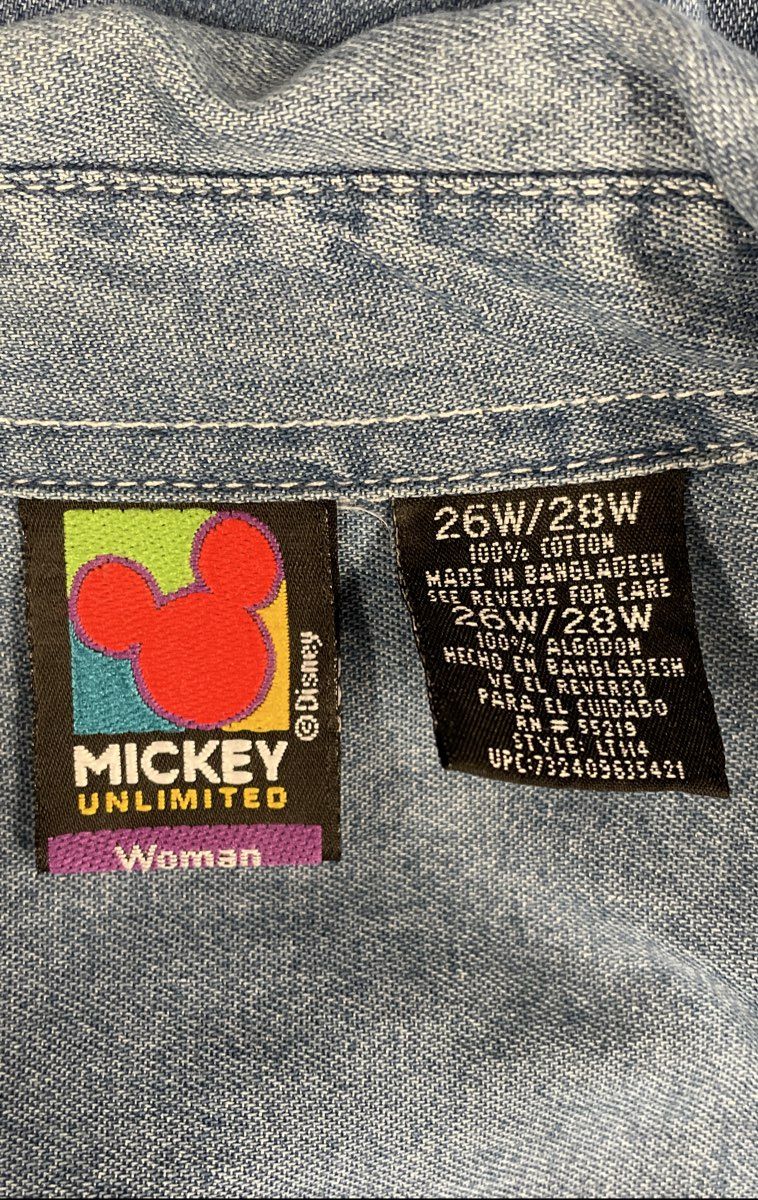 Vintage 90s Mickey Unlimited Embroidered Denim Button Up Shirt Sz 26W/28W